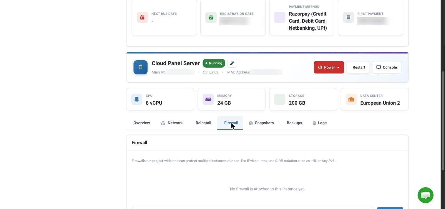 The Firewall tab on the VPS server panel, showing that no firewall is attached yet