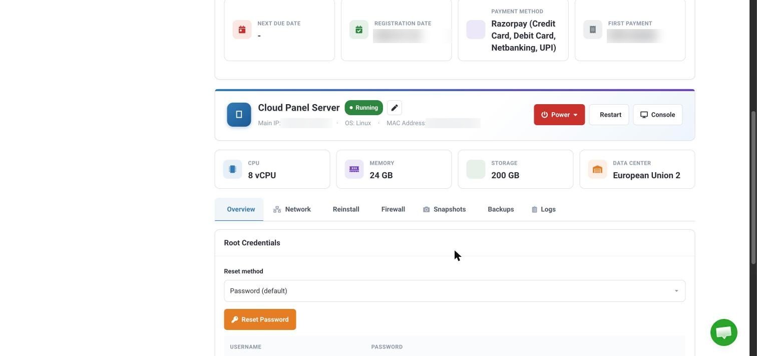 The VPS server panel in the Client Area, showing the server name, Main IP, Power, Restart and Console buttons, and the Overview, Network, Reinstall, Firewall, Snapshots, Backups and Logs tabs