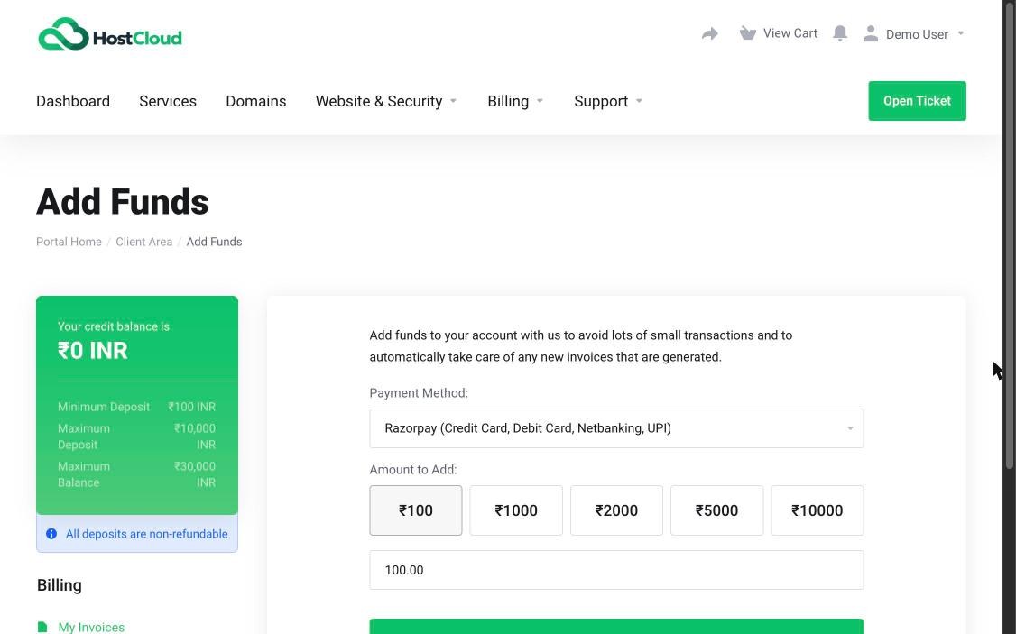 The Add Funds page showing the credit balance, deposit limits, payment method and preset amounts