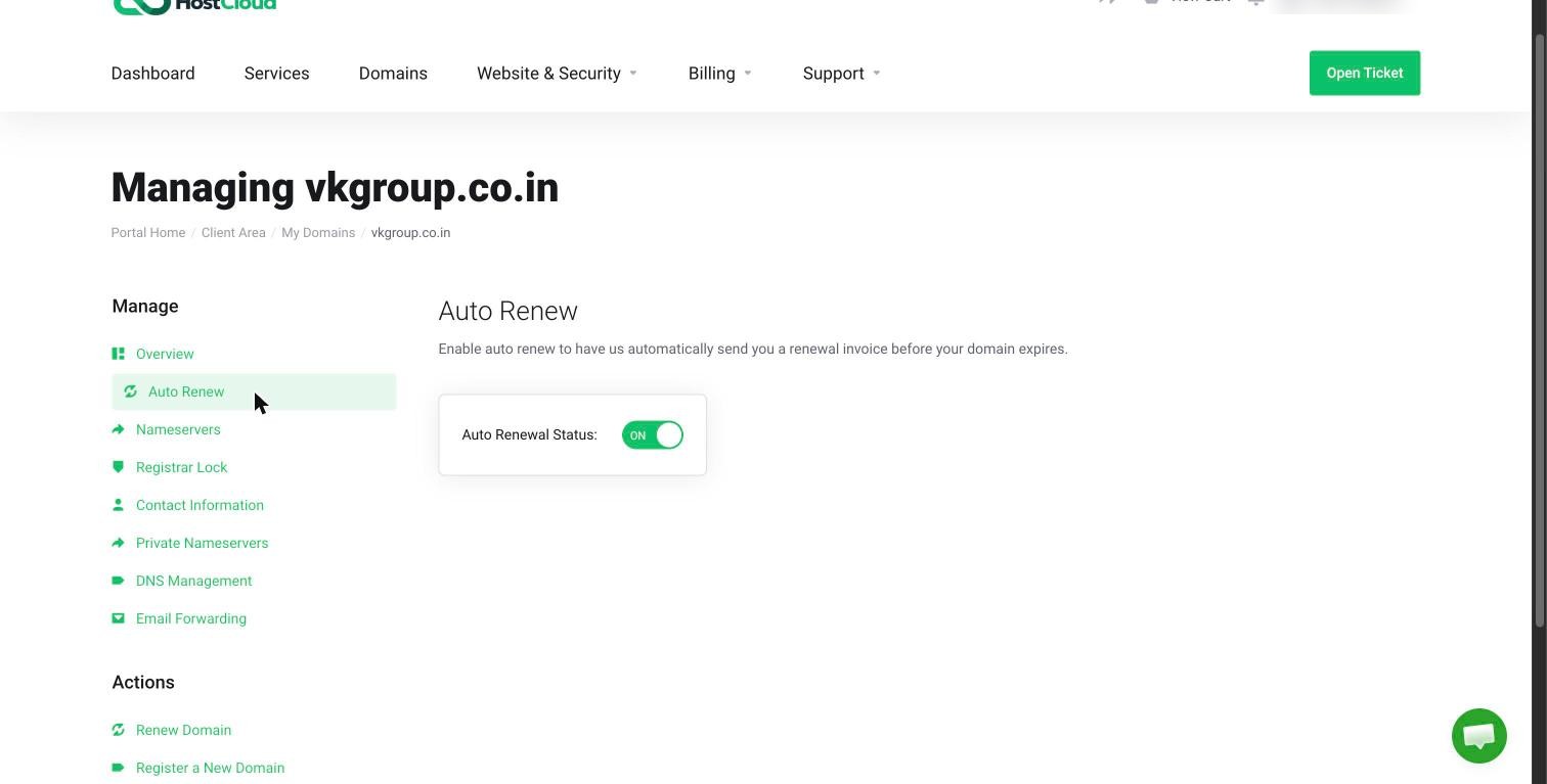 The Auto Renew tab with the Auto Renewal Status toggle switched on