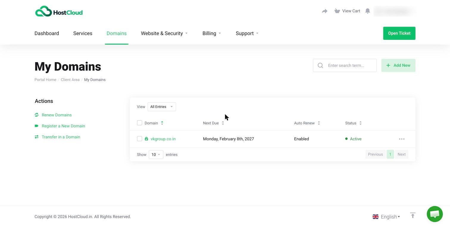 The My Domains page in the Client Area, listing a domain with its next due date, auto-renew setting and status