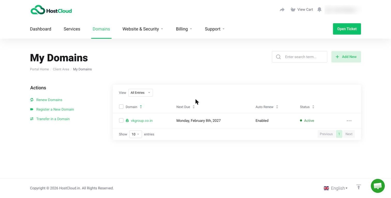The My Domains page in the Client Area, listing a domain with its next due date, auto-renew setting and status