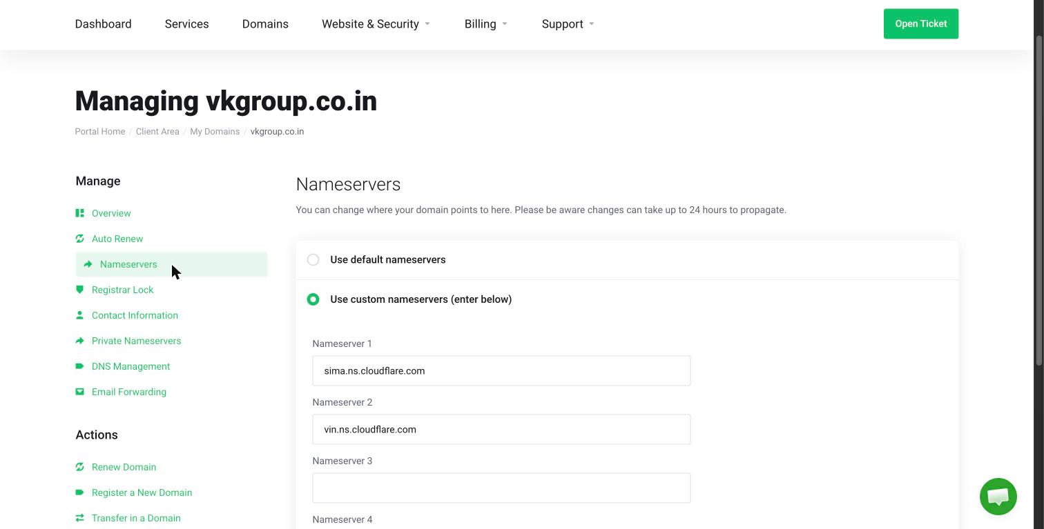The Nameservers tab with the Use default nameservers and Use custom nameservers options, and the Nameserver 1 to Nameserver 4 fields