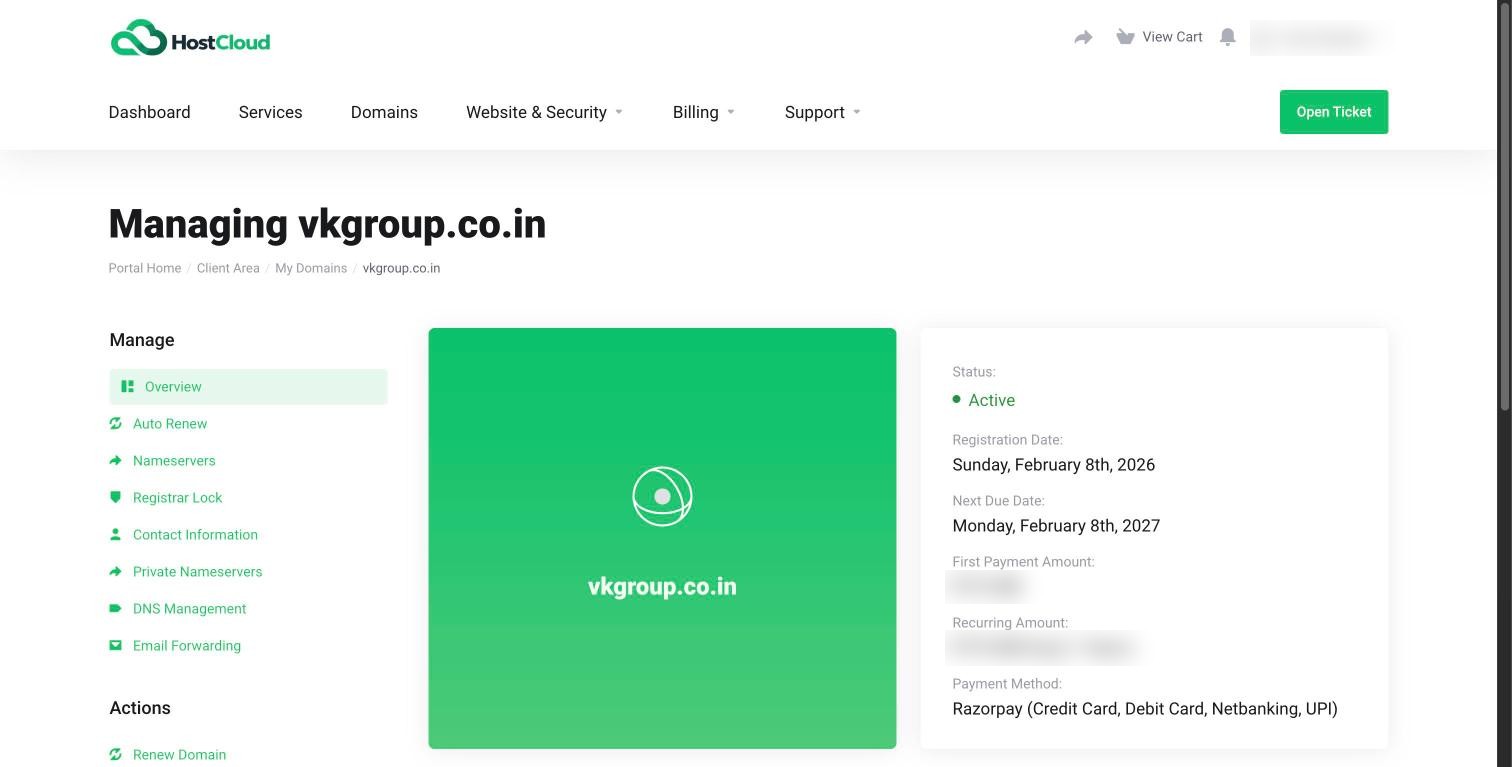 The Overview page for a domain, with the Manage sidebar listing Auto Renew, Nameservers, Registrar Lock and other options