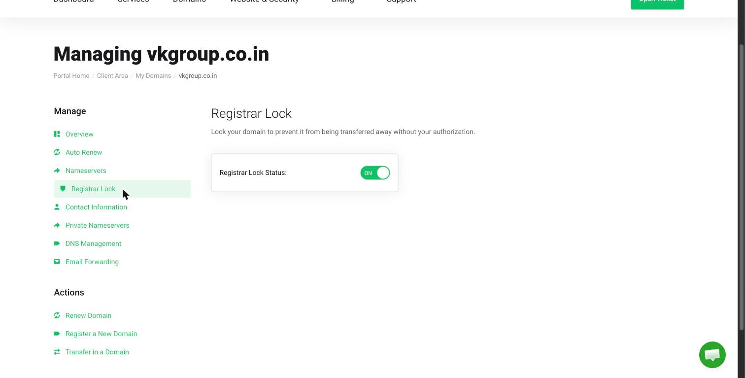 The Registrar Lock tab with the Registrar Lock Status toggle switched on