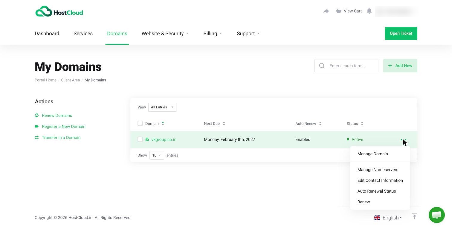 The ⋯ menu on a domain row, showing Manage Domain, Manage Nameservers, Edit Contact Information, Auto Renewal Status and Renew