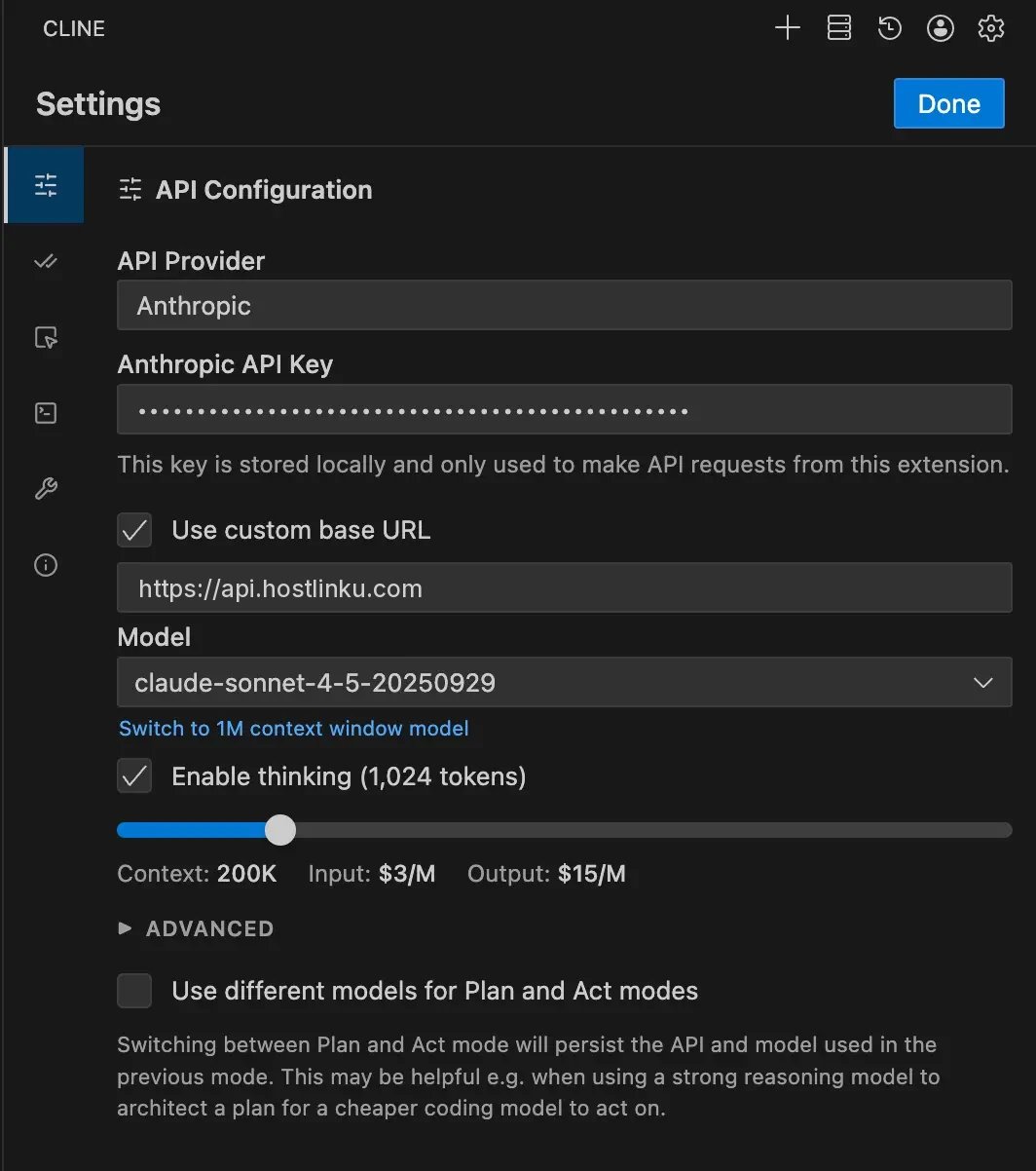 Cline: provider Anthropic dengan Use custom base URL berisi https://api.hostlinku.com