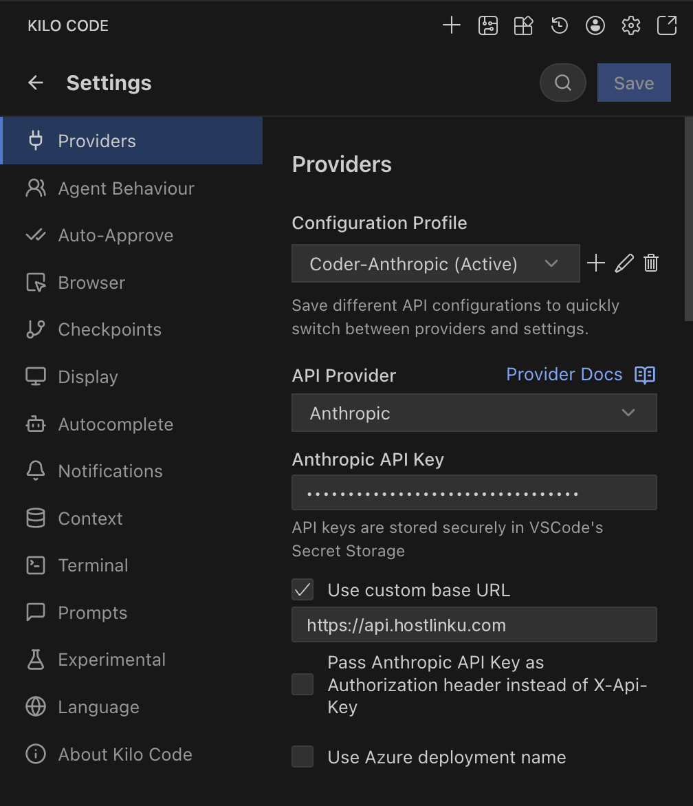 Kilo Code: provider Anthropic dengan custom base URL https://api.hostlinku.com