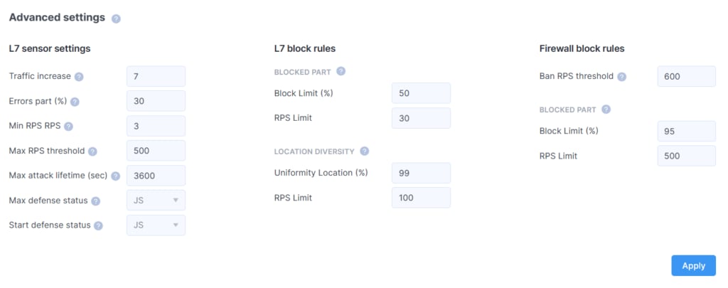 Advanced settings: L7 sensor, L7 block rules, Firewall block rules