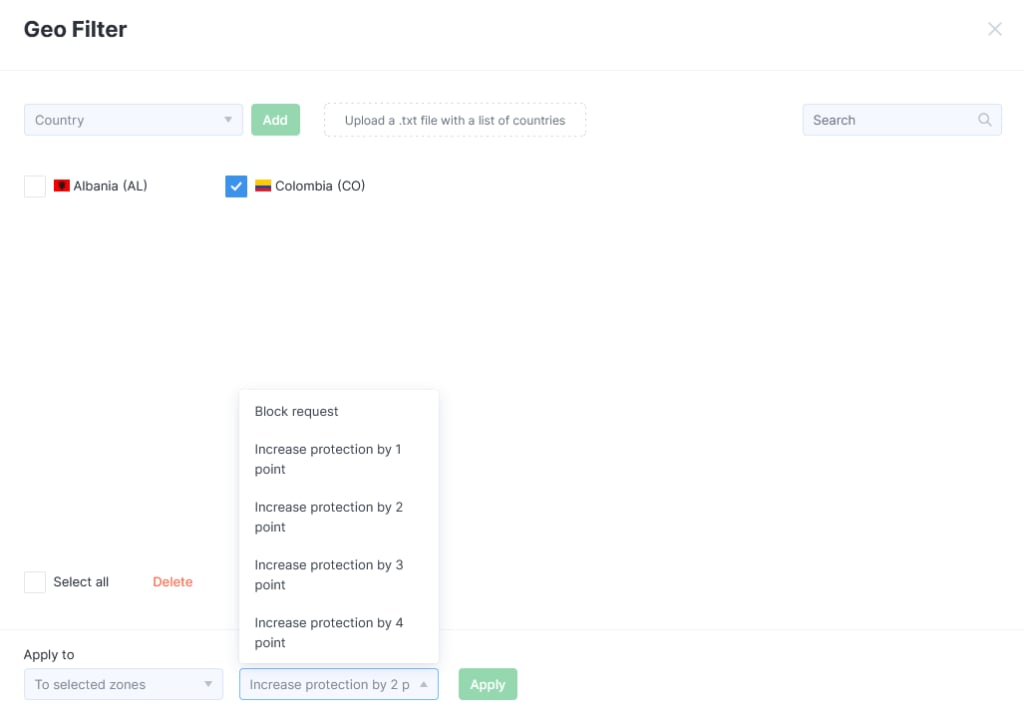 Geo Filter modal with protection action dropdown