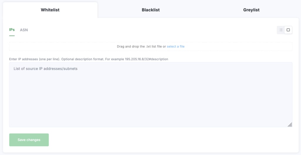 Whitelist, Blacklist, Greylist tabs