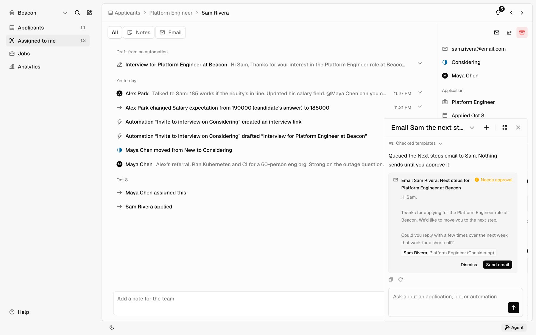 Agent open beside Sam Rivera's application, with the next steps email waiting for approval