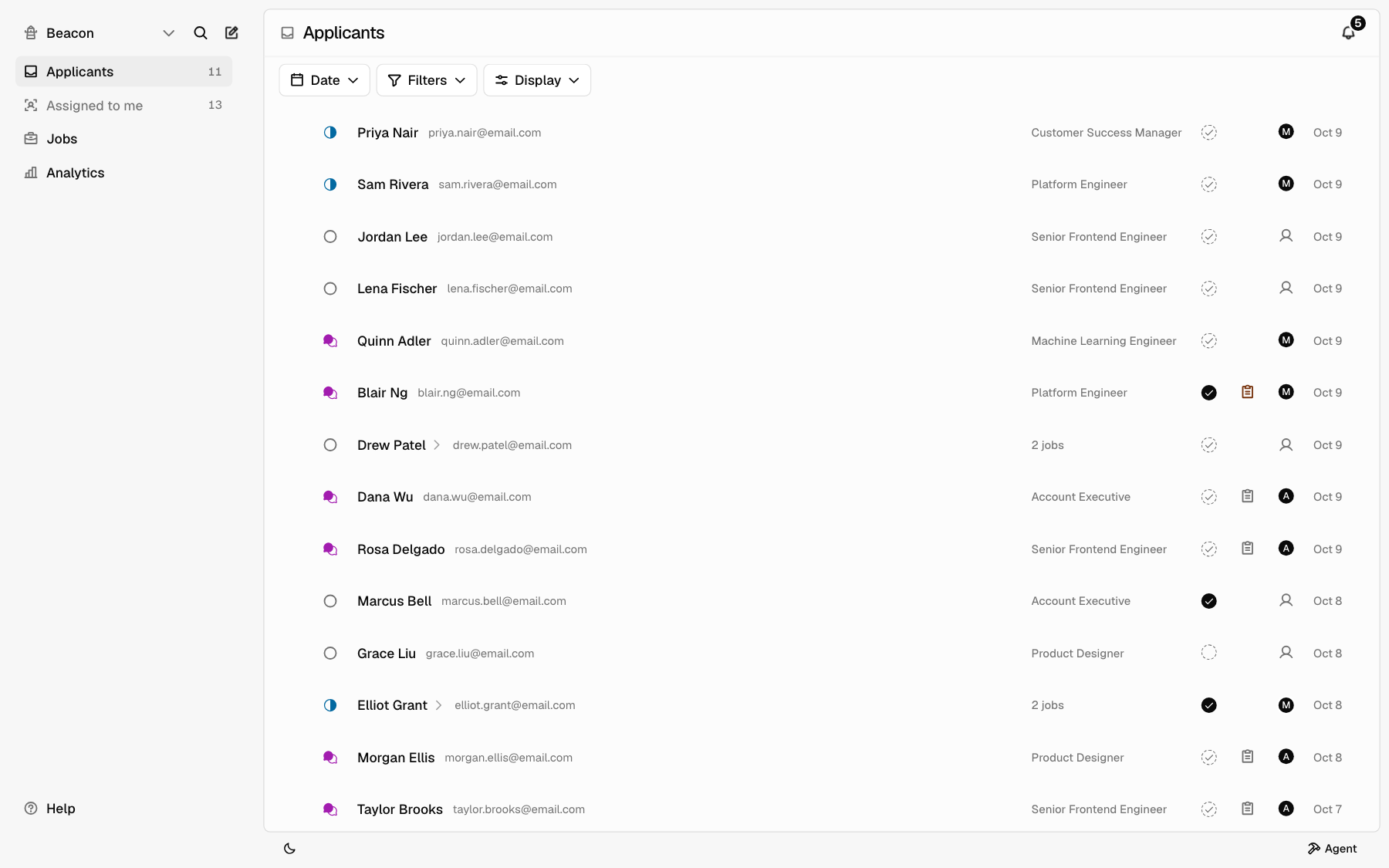 The Applicants list: each row shows a status, the applicant's name and email, the job, requirements and feedback marks, an assignee, and a date
