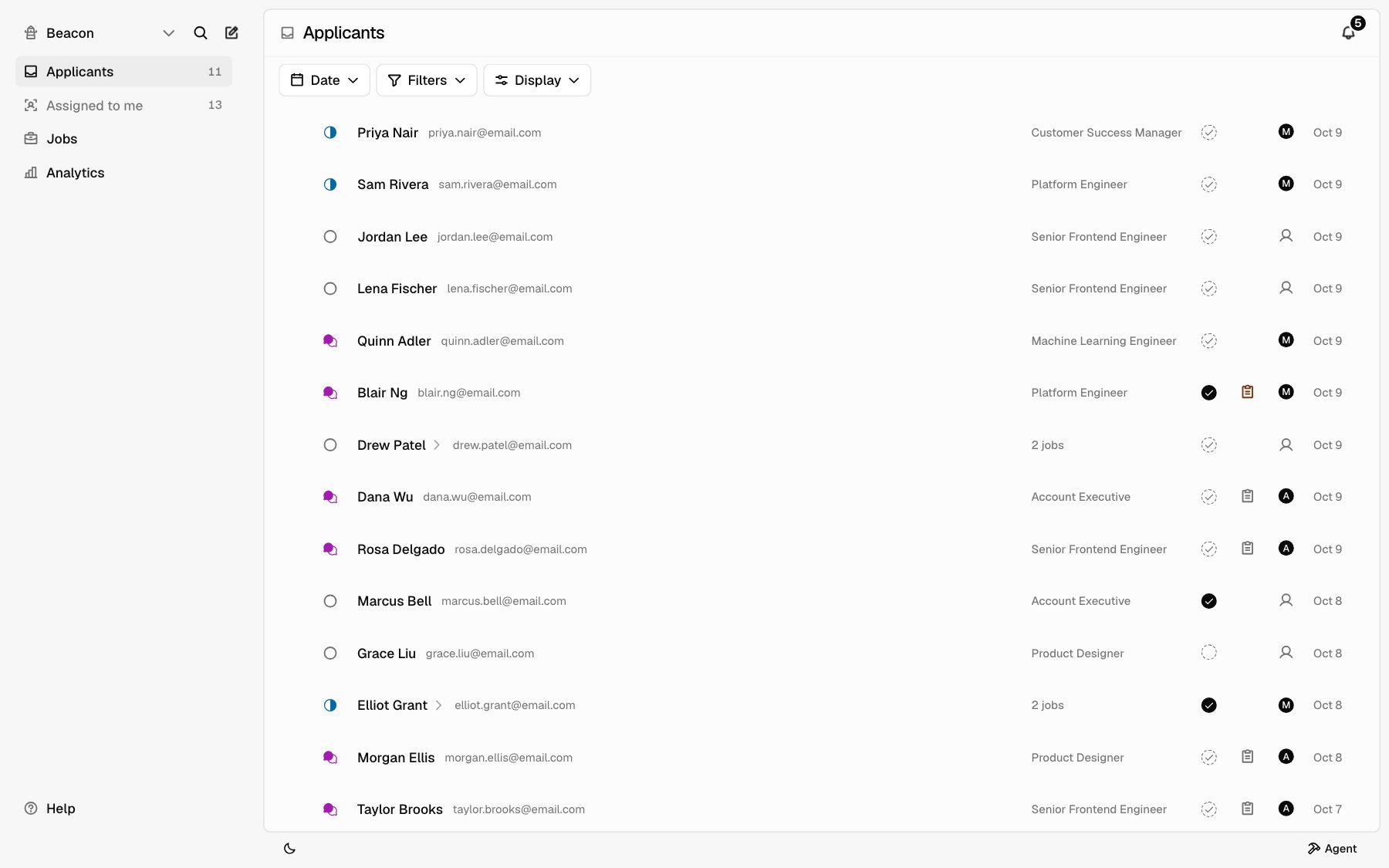 The Applicants list: each row shows a status, the applicant's name and email, the job, requirements and feedback marks, an assignee, and a date