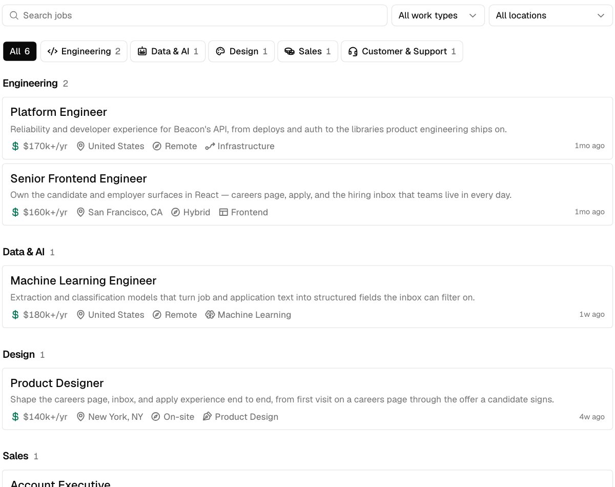 The embed listing jobs as cards, grouped by department, with search and department buttons above
