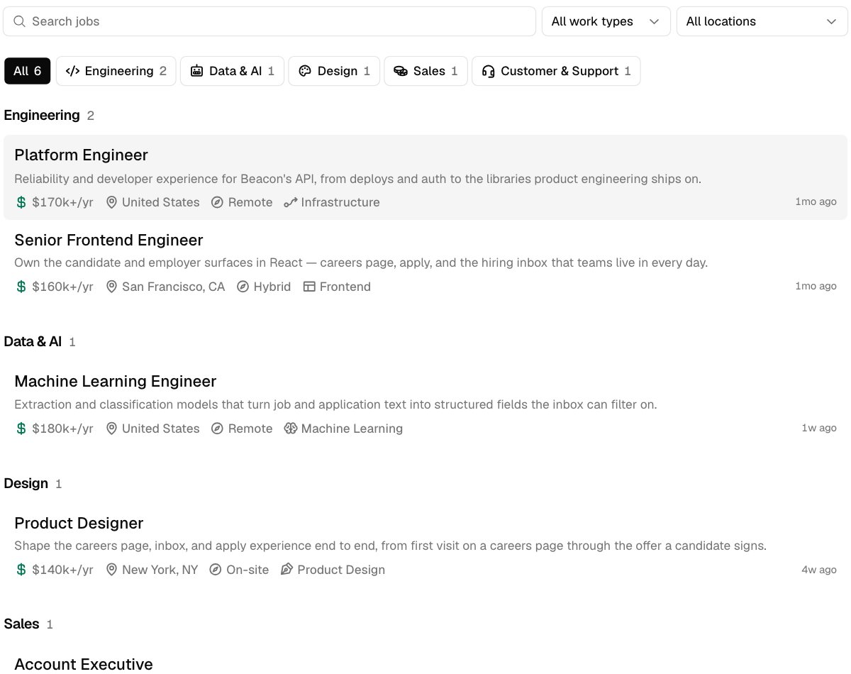 The embed listing jobs as plain rows, the first one highlighted