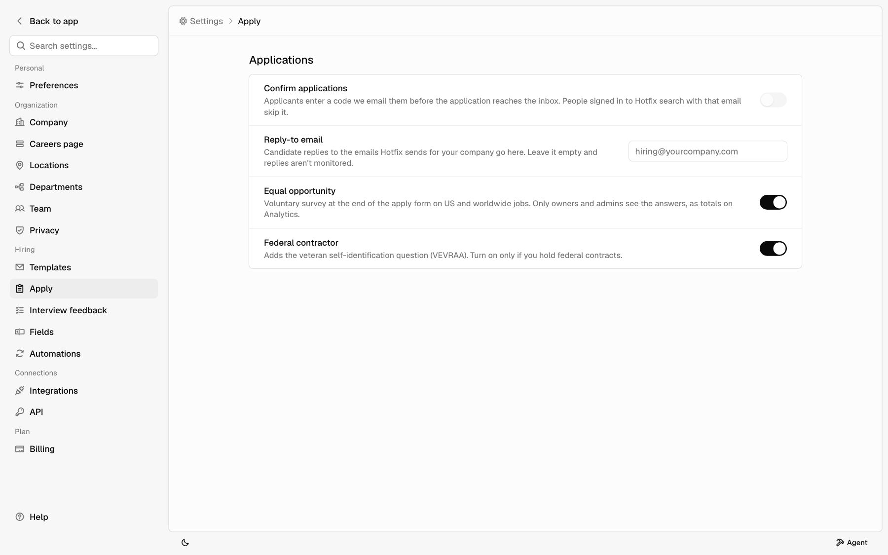 The Apply page with Confirm applications, Reply-to email, Equal opportunity, and Federal contractor