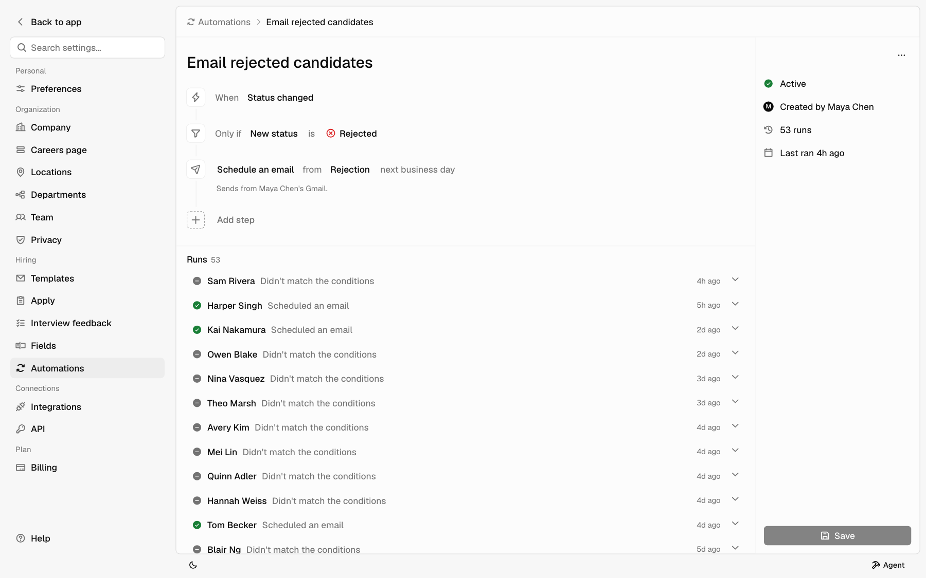 The Email rejected candidates automation with its When, Only if, and Schedule an email steps, and its Runs below