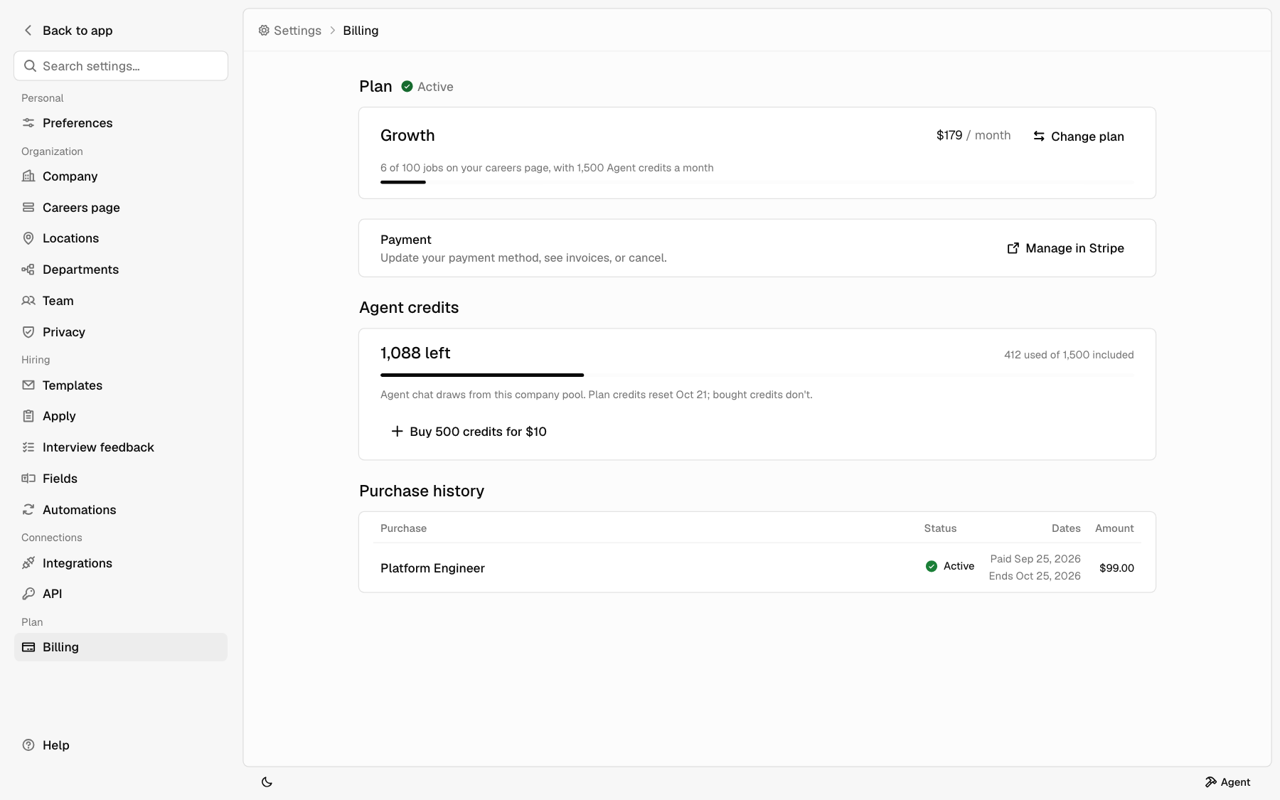 The Billing page with the plan, payment, Agent credits, and purchase history