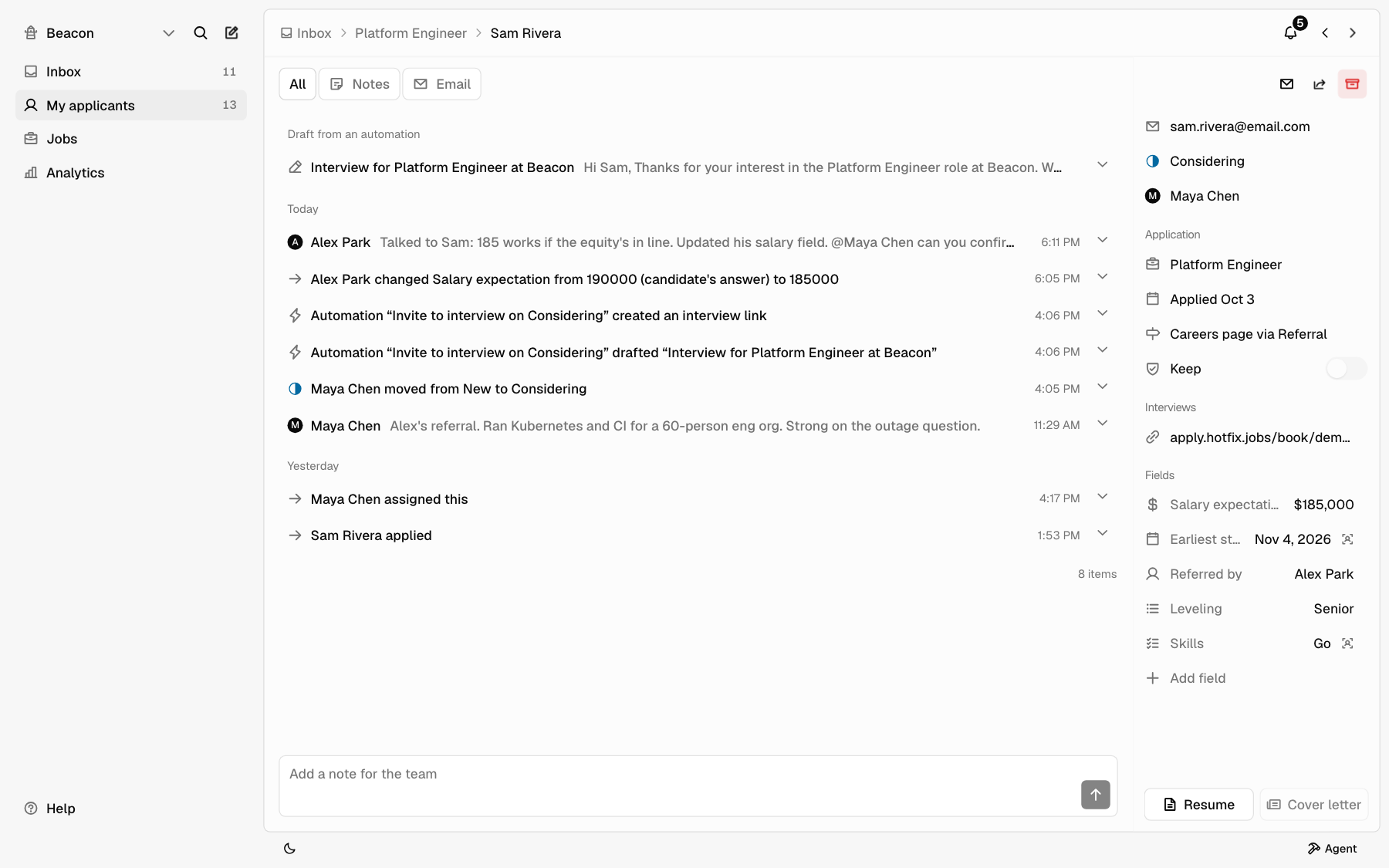 An applicant's record with the activity feed on the left and the details panel on the right