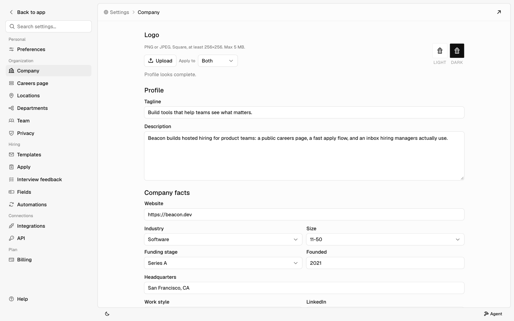 The Company page with the logo, profile, and company facts
