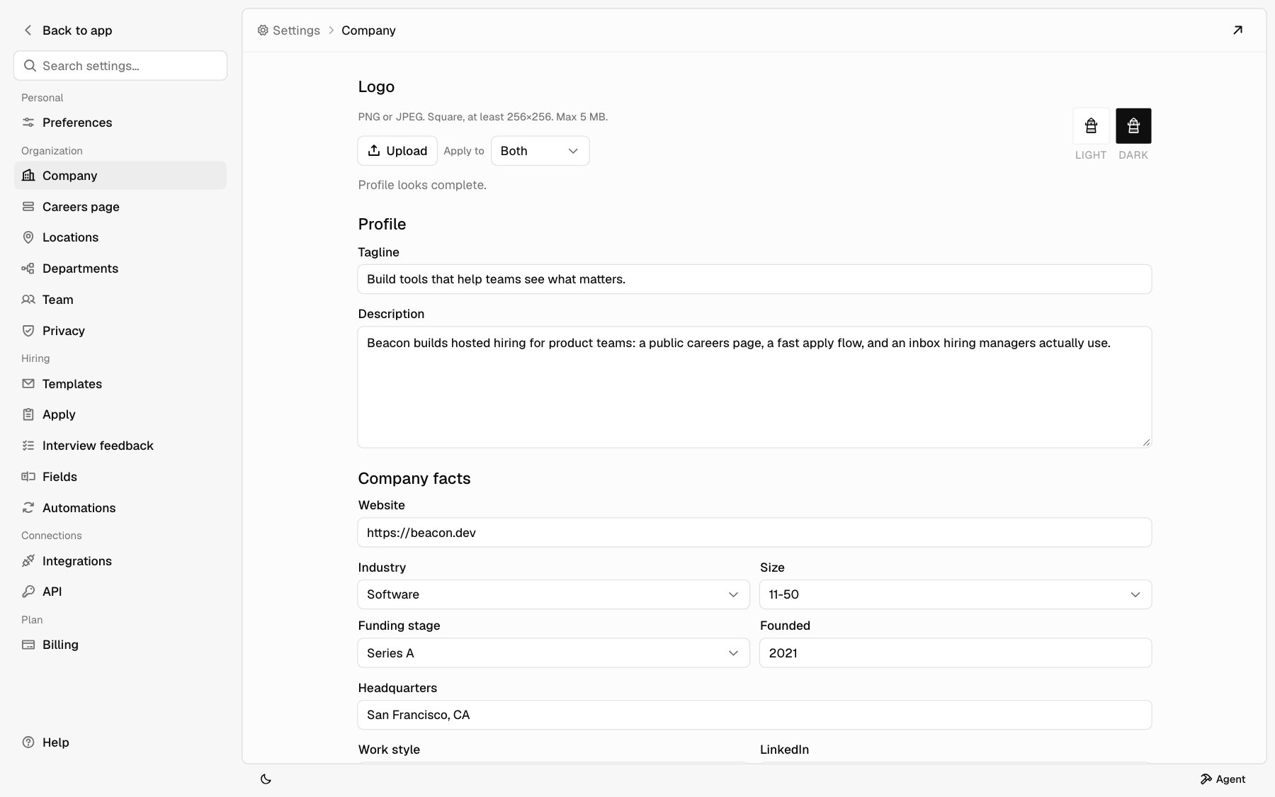 The Company page with the logo, profile, and company facts