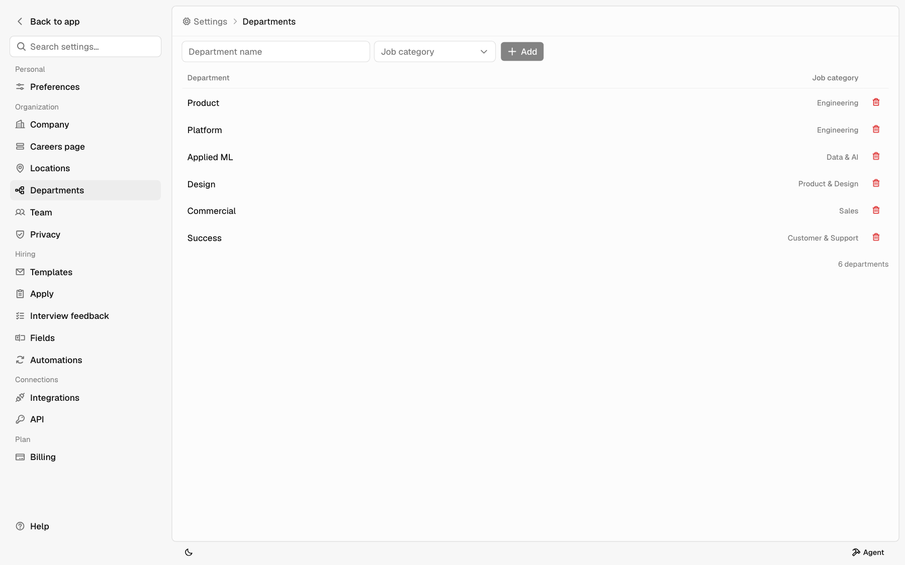 The Departments page with each department and its job category