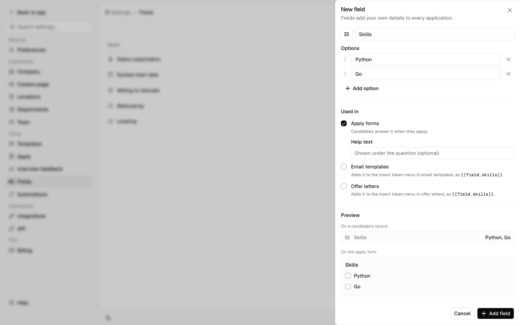 The New field panel for a Skills multi-select, with its options, where it's used, and a preview of the record line and the apply question