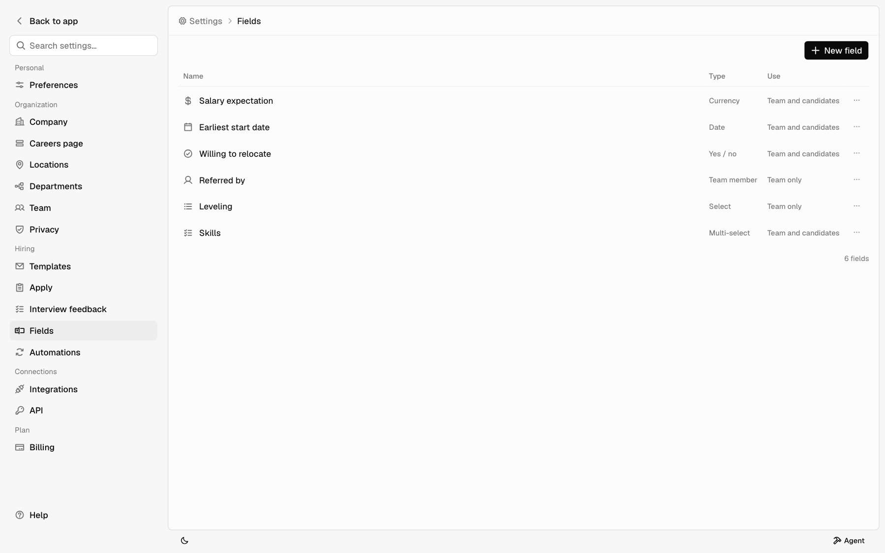 The Fields page listing each field with its type and where it's used
