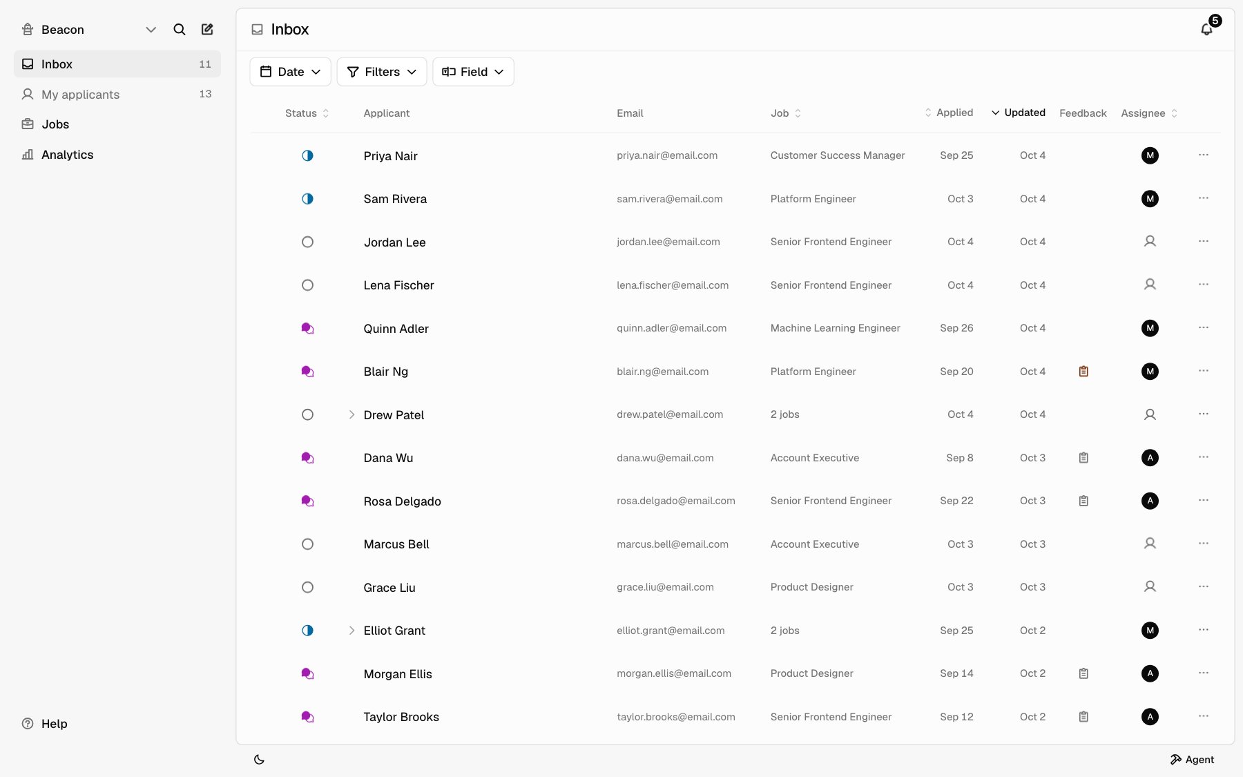The Inbox list with status, applicant, email, job, applied, updated, feedback, and assignee columns