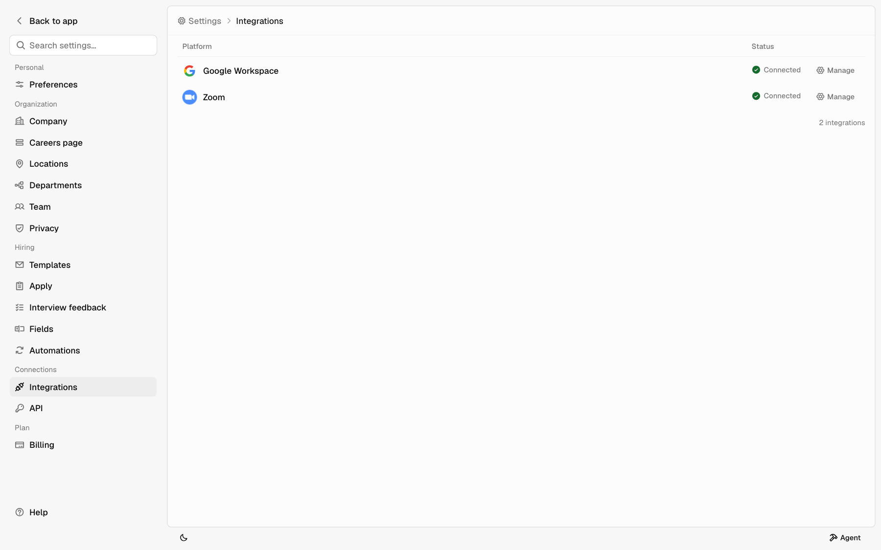 The Integrations page with Google Workspace and Zoom both connected