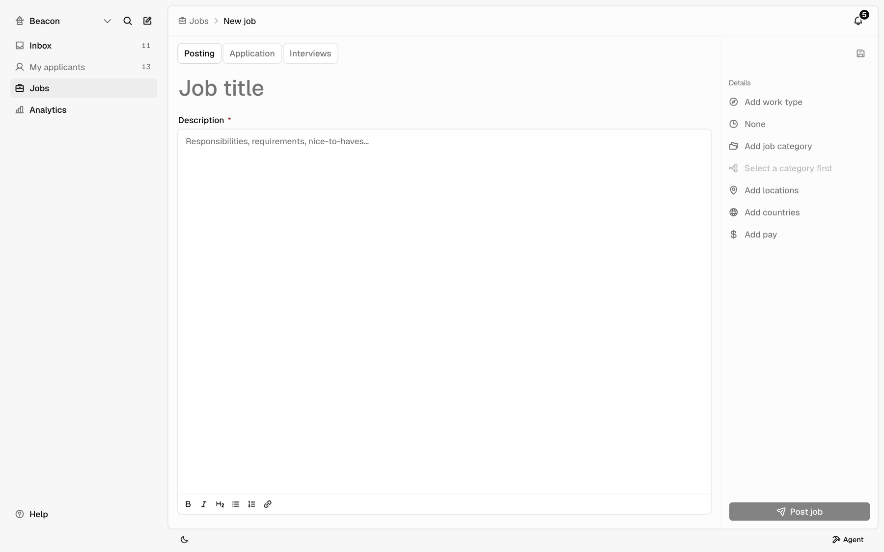 The job editor with the Posting tab open and job details in the right panel