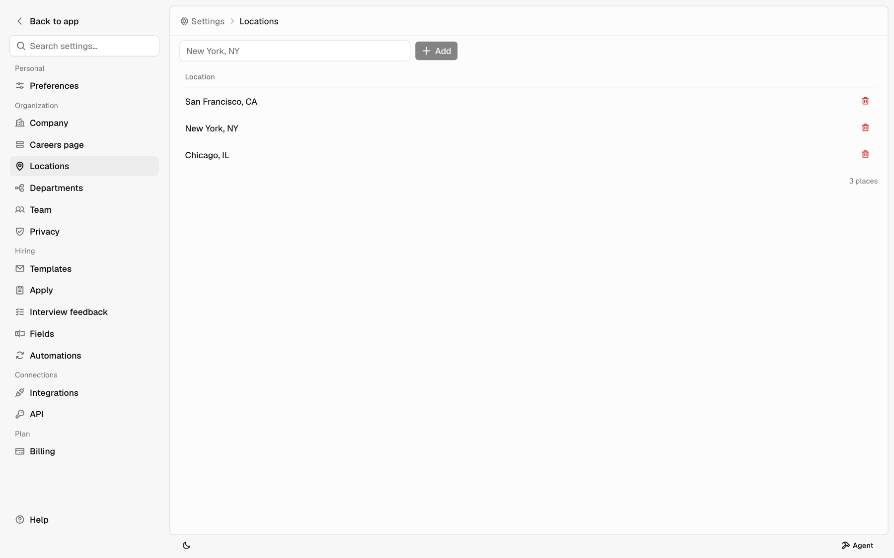 The Locations page with an add box and three saved places