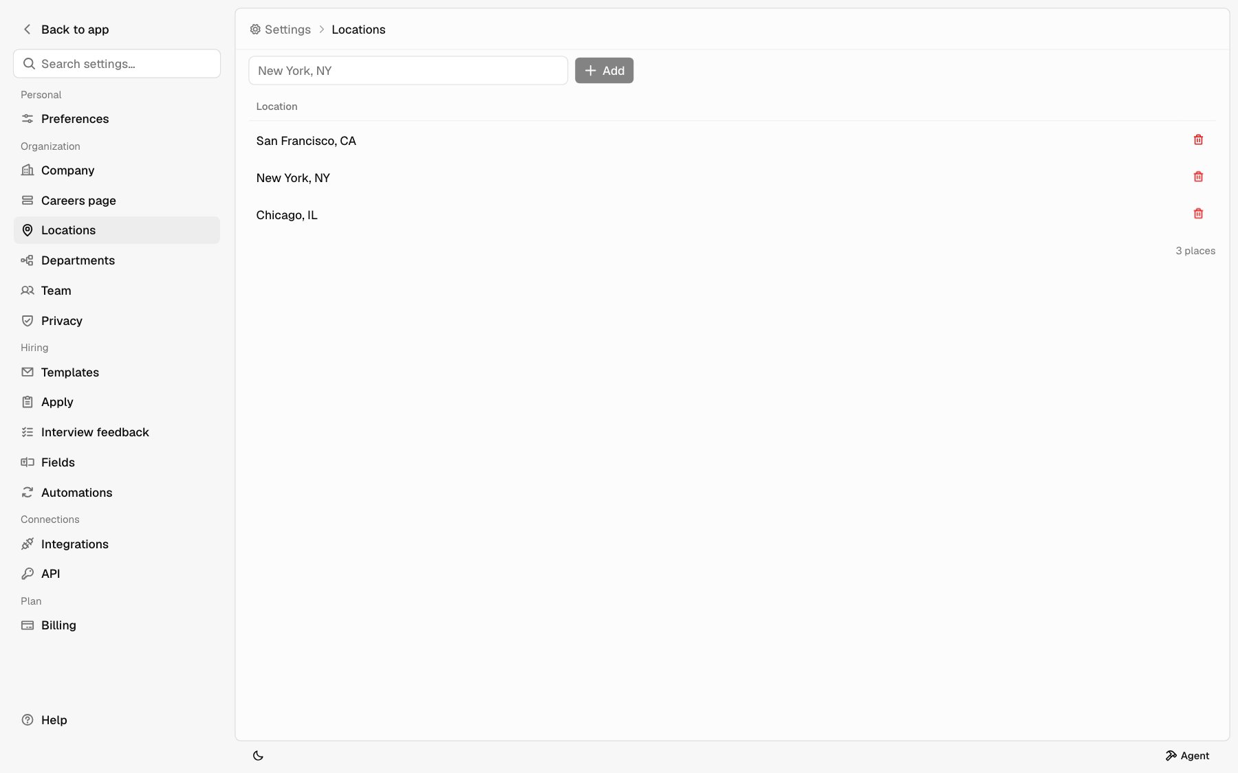 The Locations page with an add box and three saved places