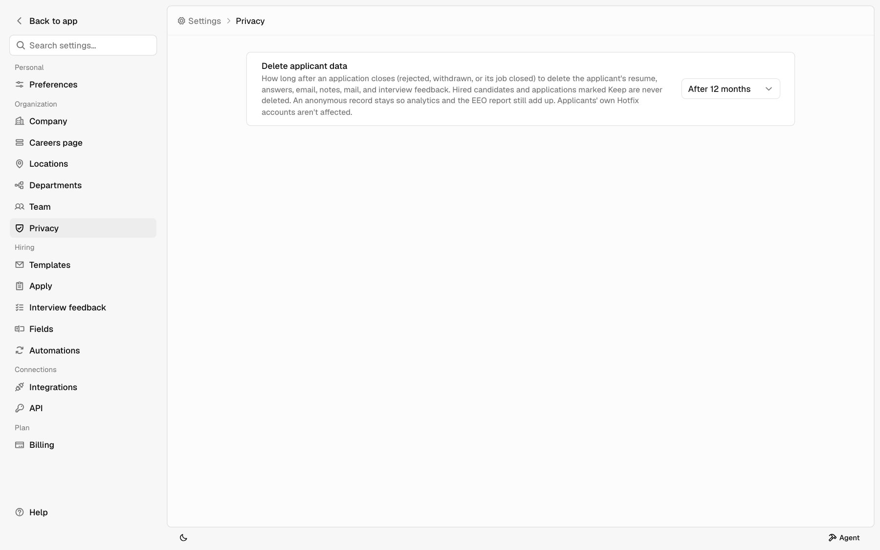 The Privacy page with Delete applicant data set to After 12 months