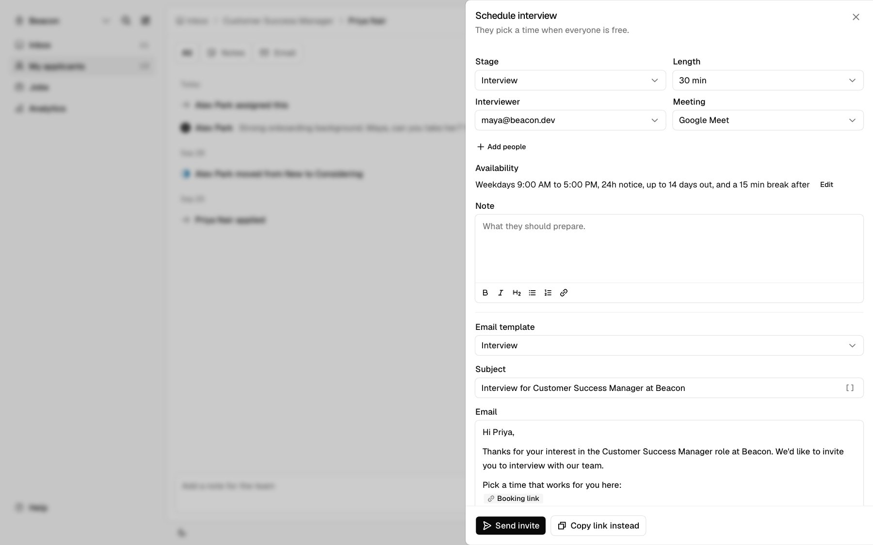 The Schedule interview panel with stage, length, interviewer, meeting, availability, note, and the invite email