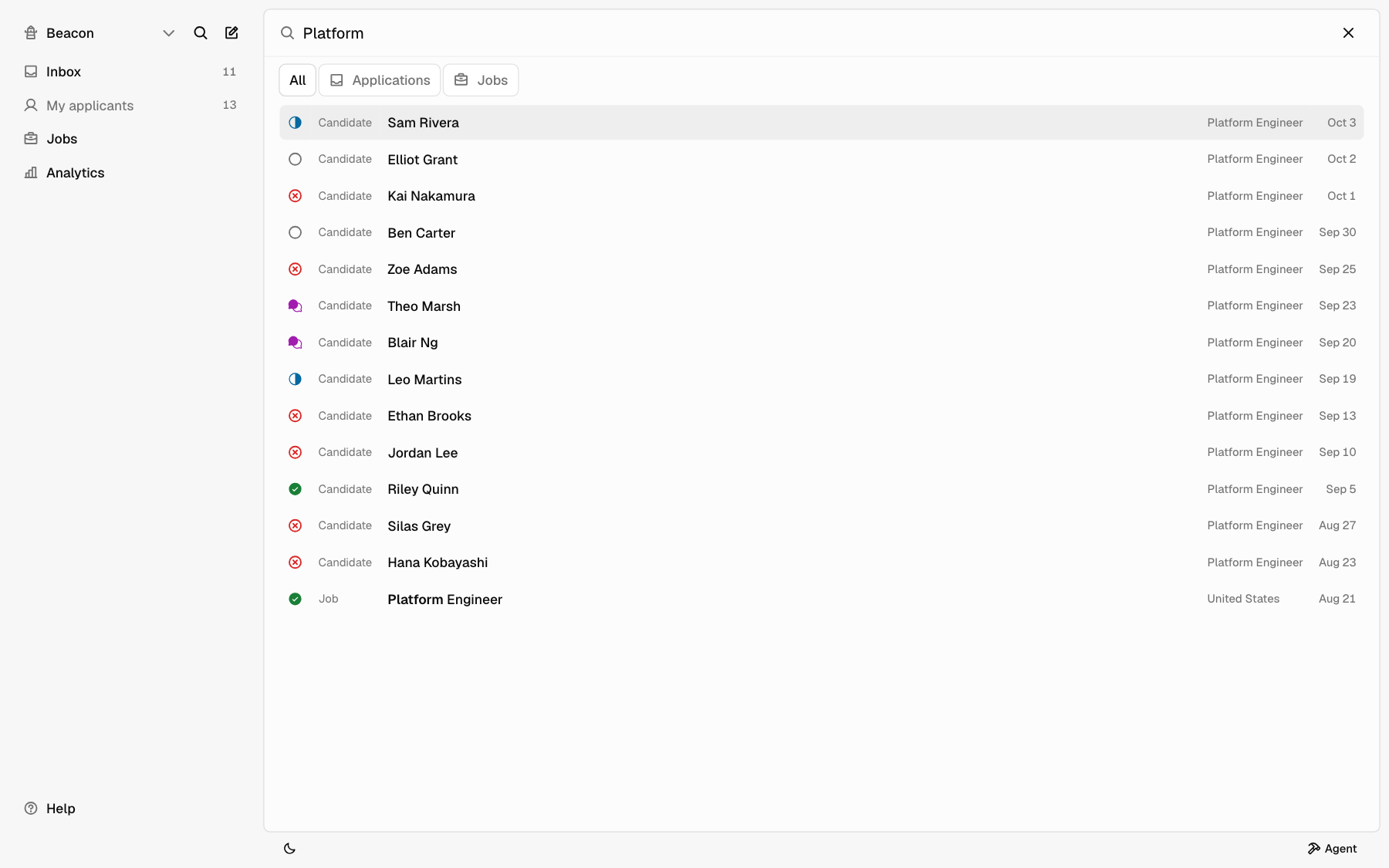 Search with a query typed and results labeled Candidate and Job