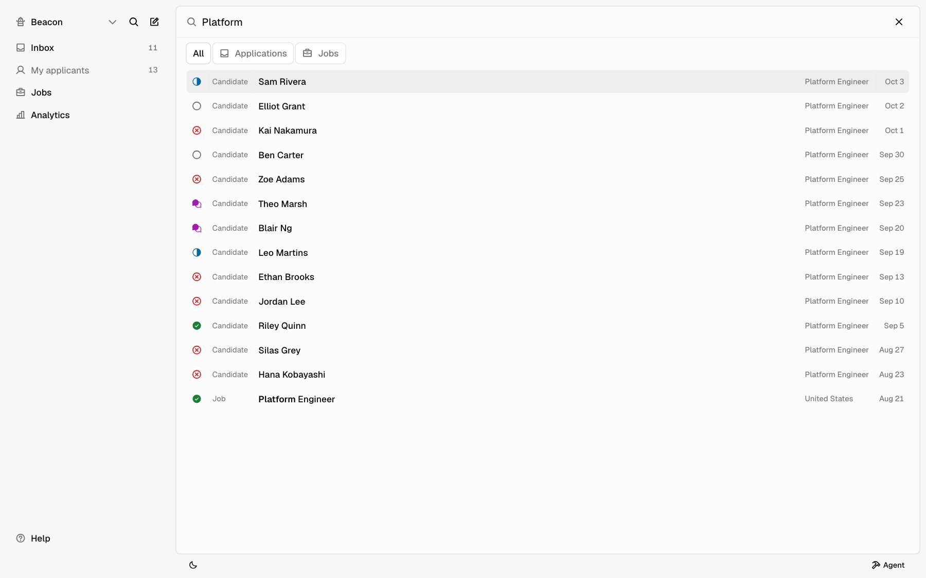 Search with a query typed and results labeled Candidate and Job
