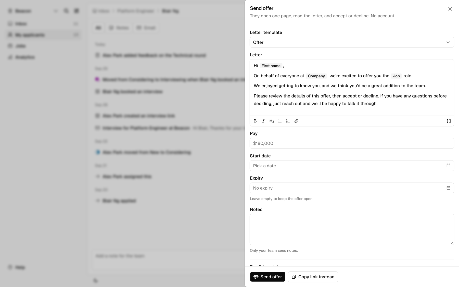 The Send offer panel with letter template, letter, pay, start date, expiry, notes, and the offer email