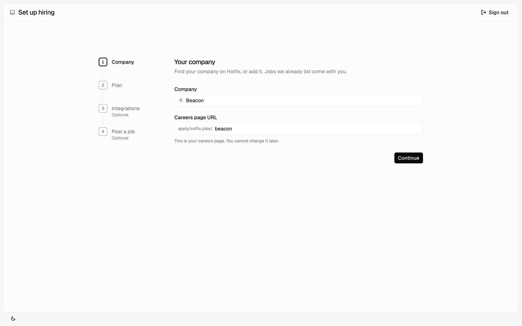 Setup on the Your company step with the company and careers page URL filled in