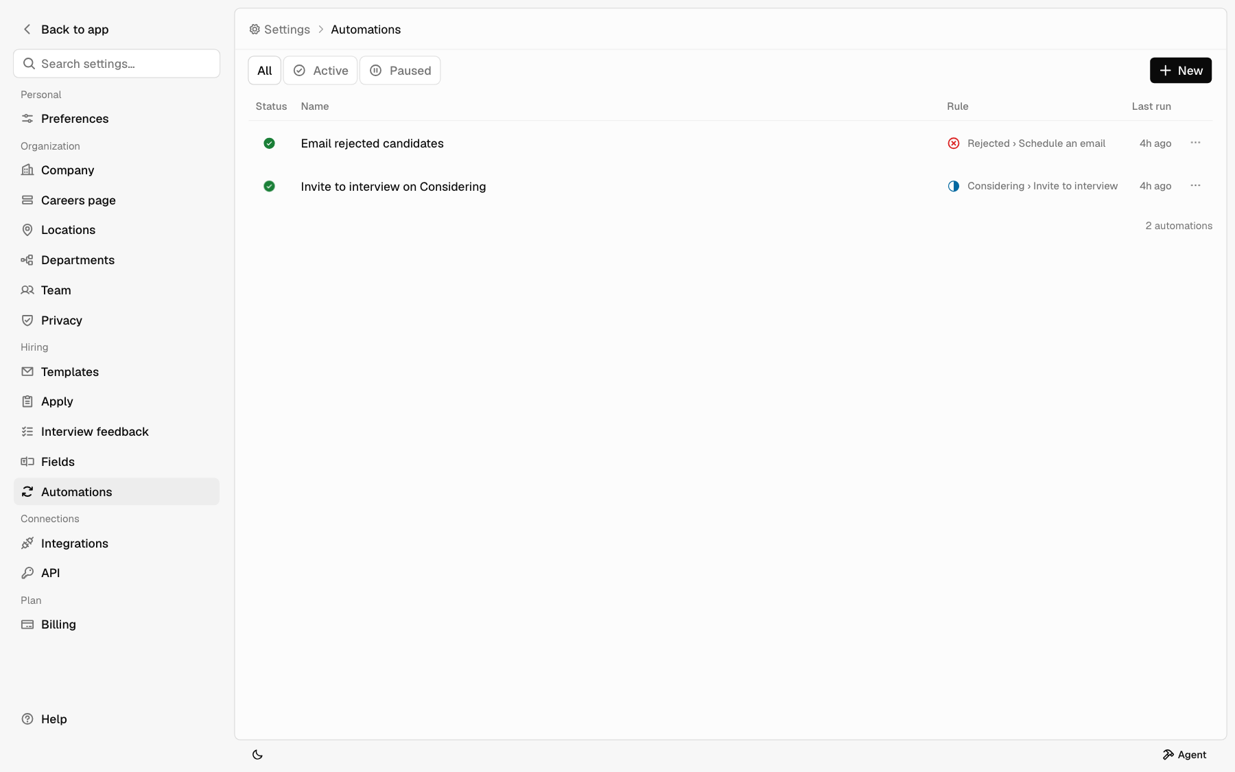 Settings with the sidebar showing the Personal, Organization, Hiring, Connections, and Plan groups