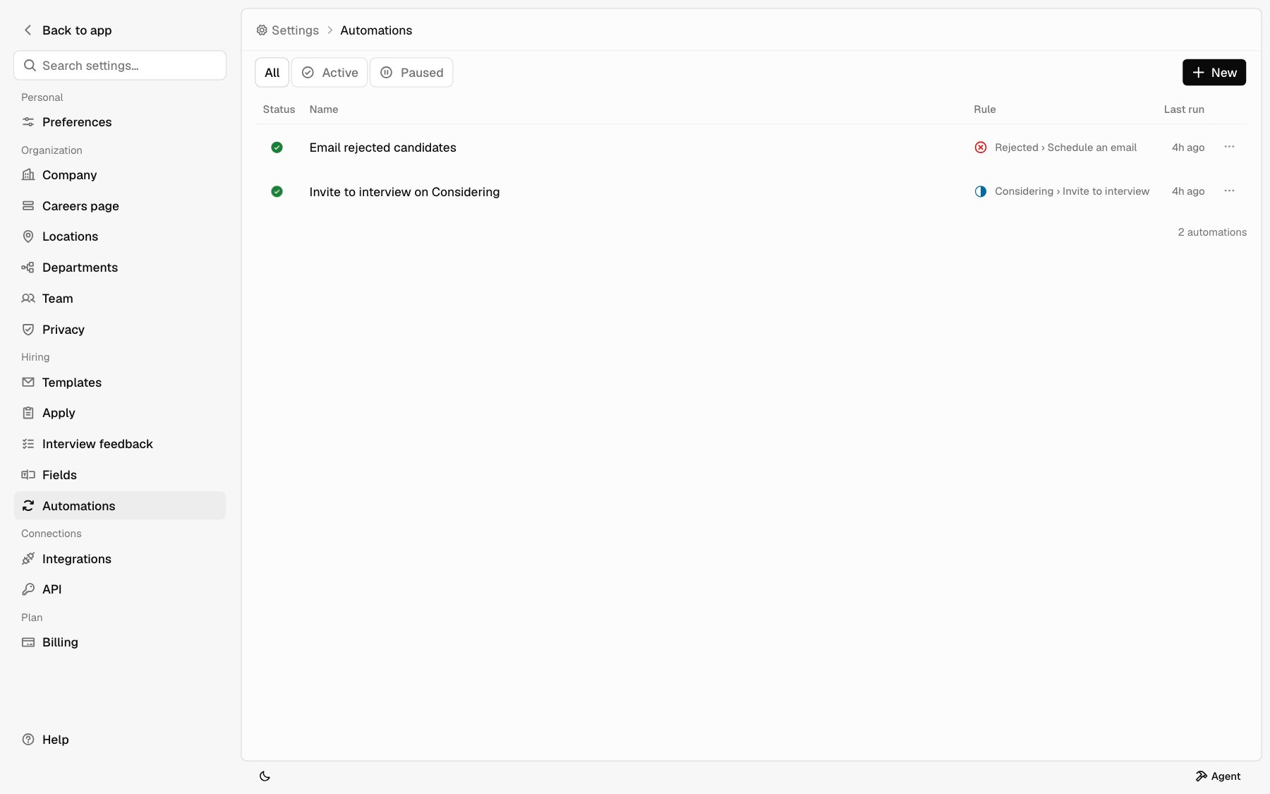 Settings with the sidebar showing the Personal, Organization, Hiring, Connections, and Plan groups