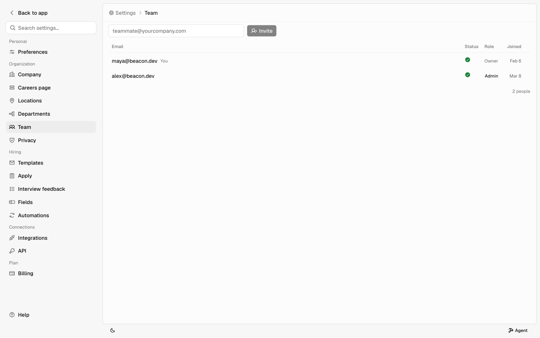 The Team page with the invite box and teammates showing status, role, and joined date