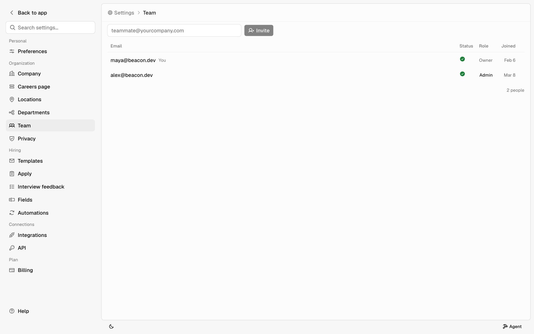 The Team page with the invite box and teammates showing status, role, and joined date