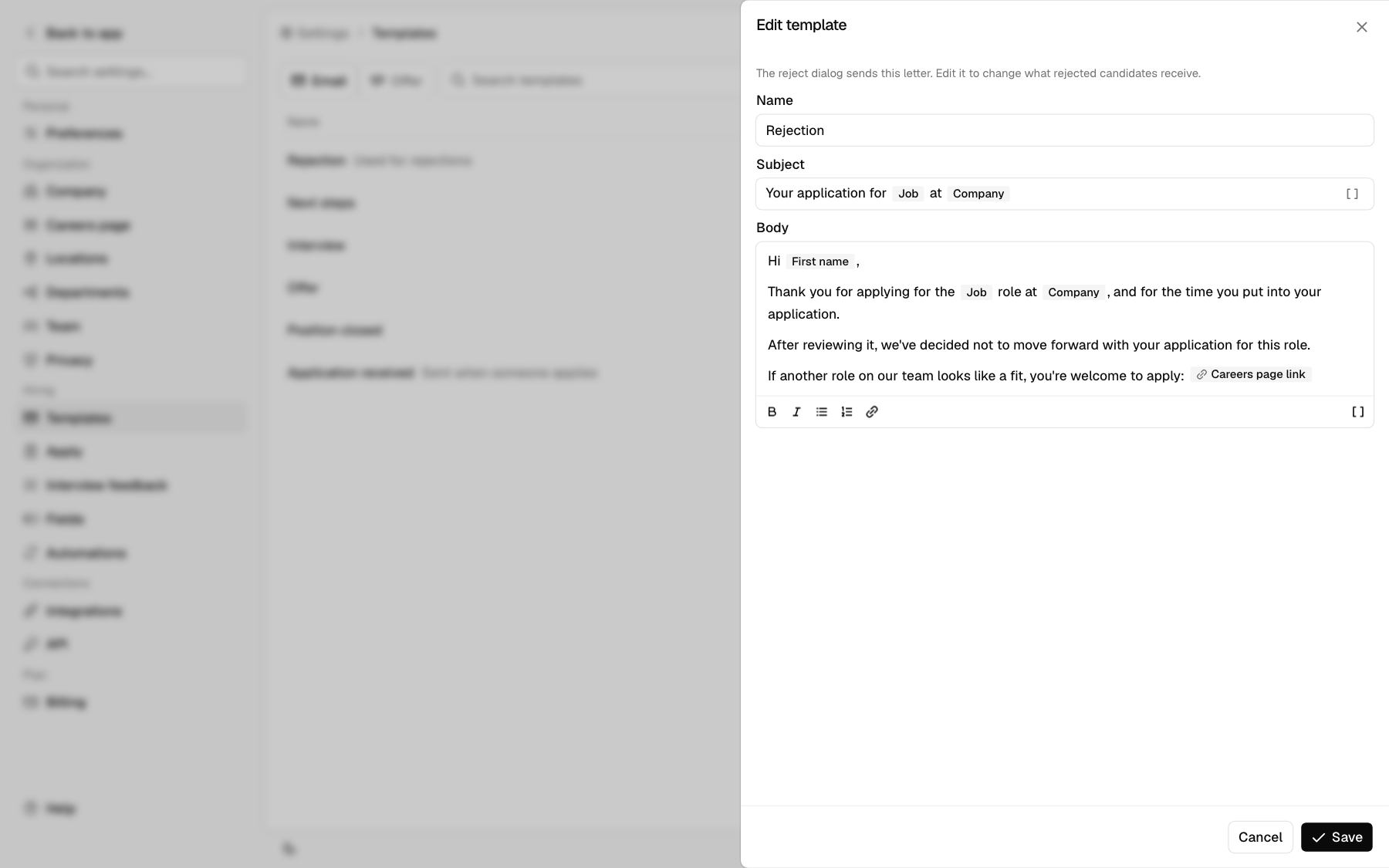 The template editor open on the Rejection template with token pills in the subject and body