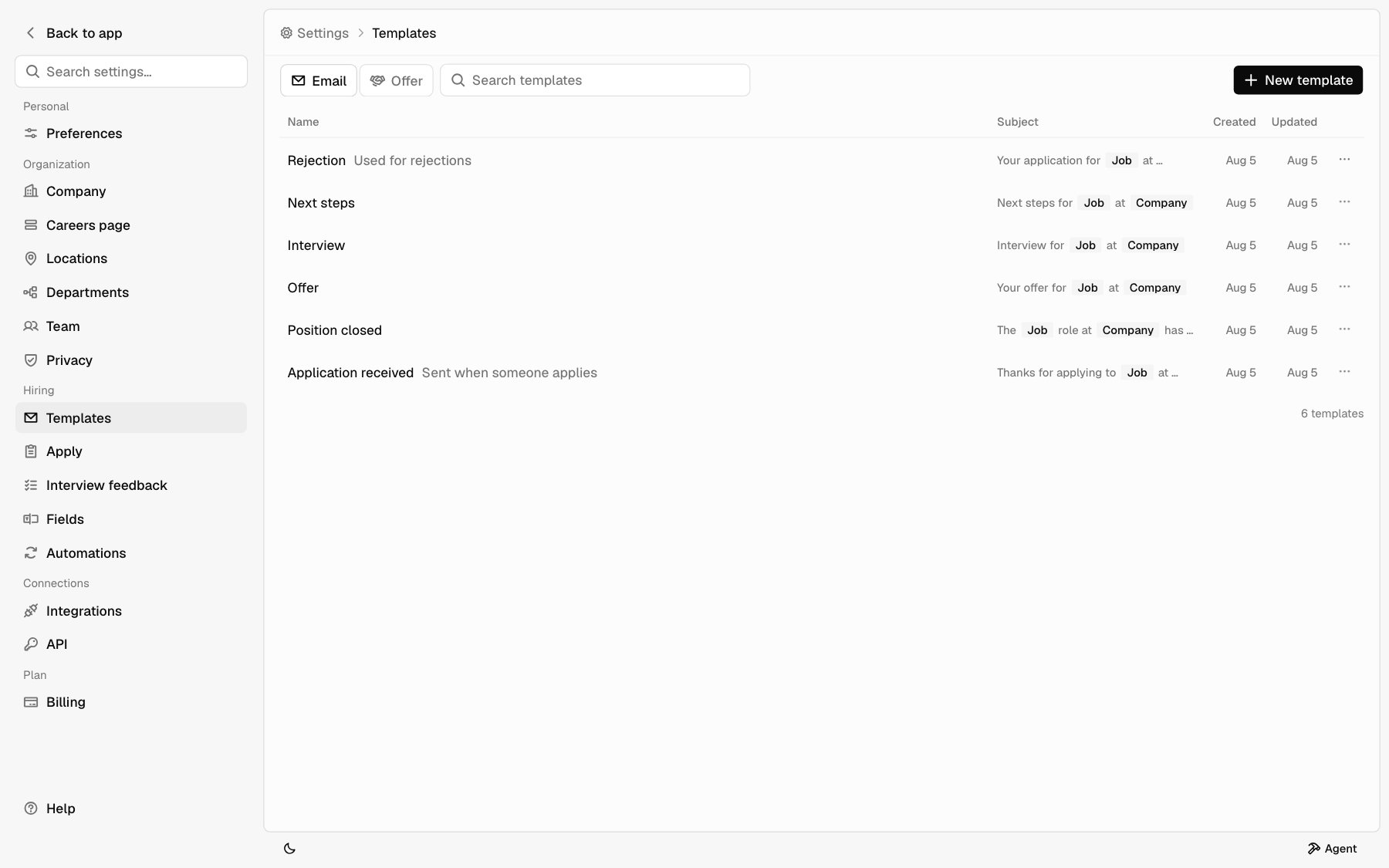 The Templates page on the Email tab listing Rejection, Next steps, Interview, Offer, Position closed, and Application received