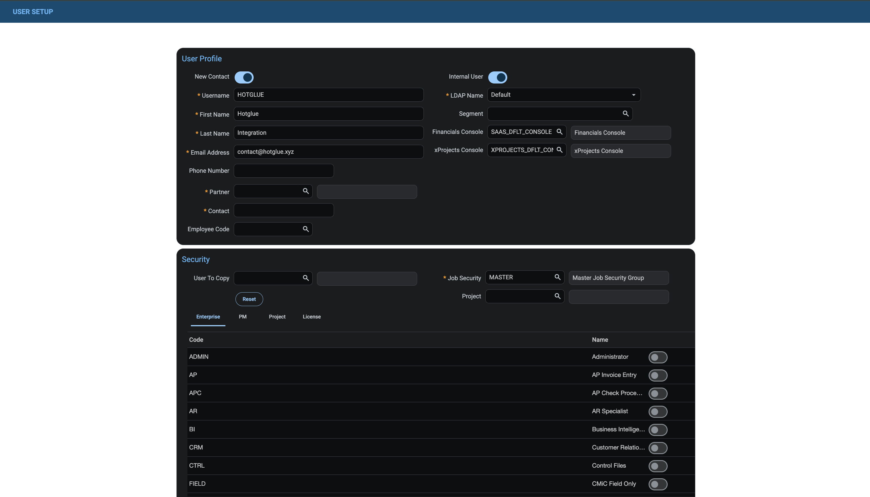 CMiC User Setup page with User Profile and Security sections.