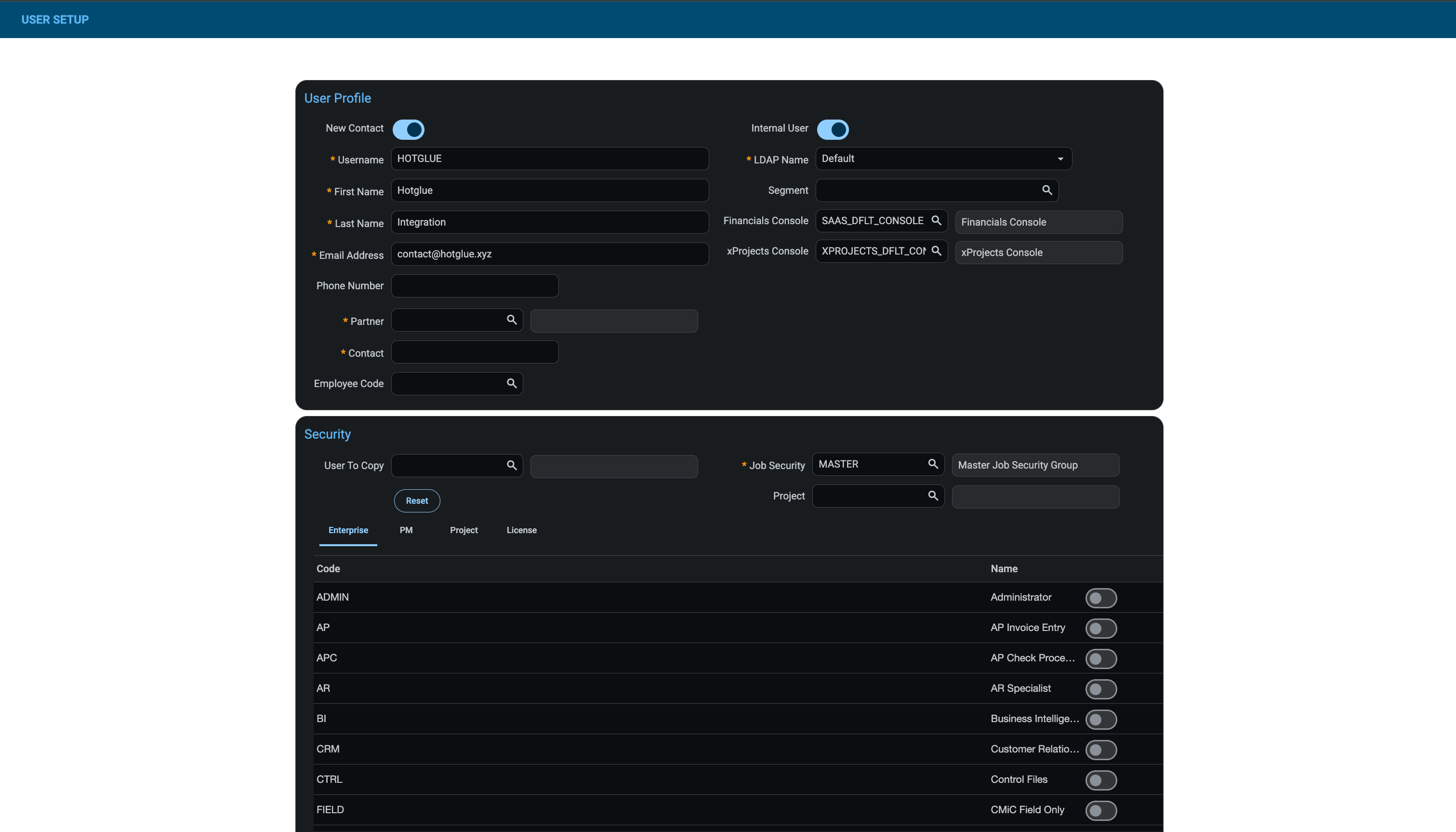 CMiC User Setup page with User Profile and Security sections.