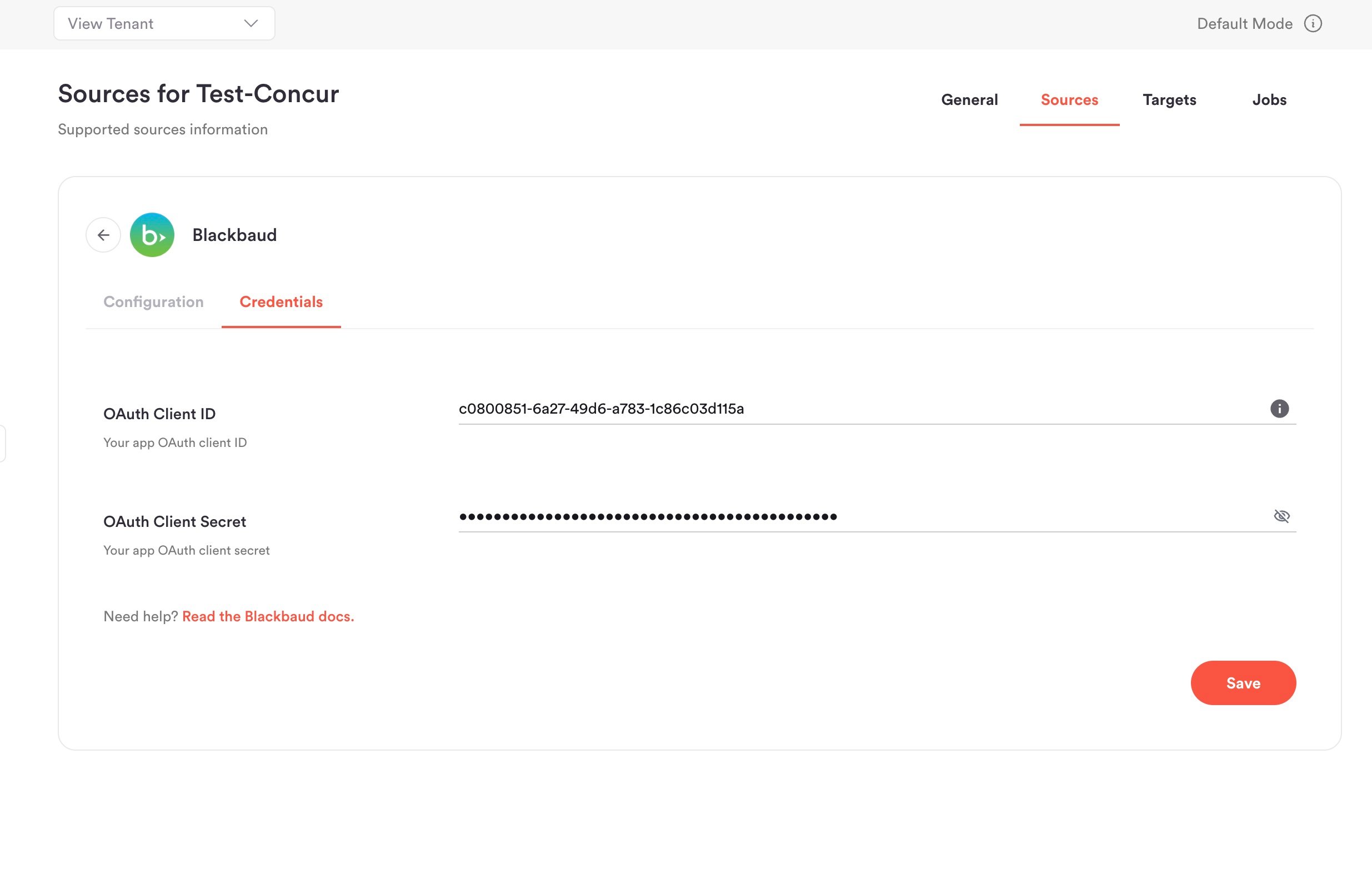 hotglue Blackbaud source credentials form with OAuth Client ID and OAuth Client Secret fields