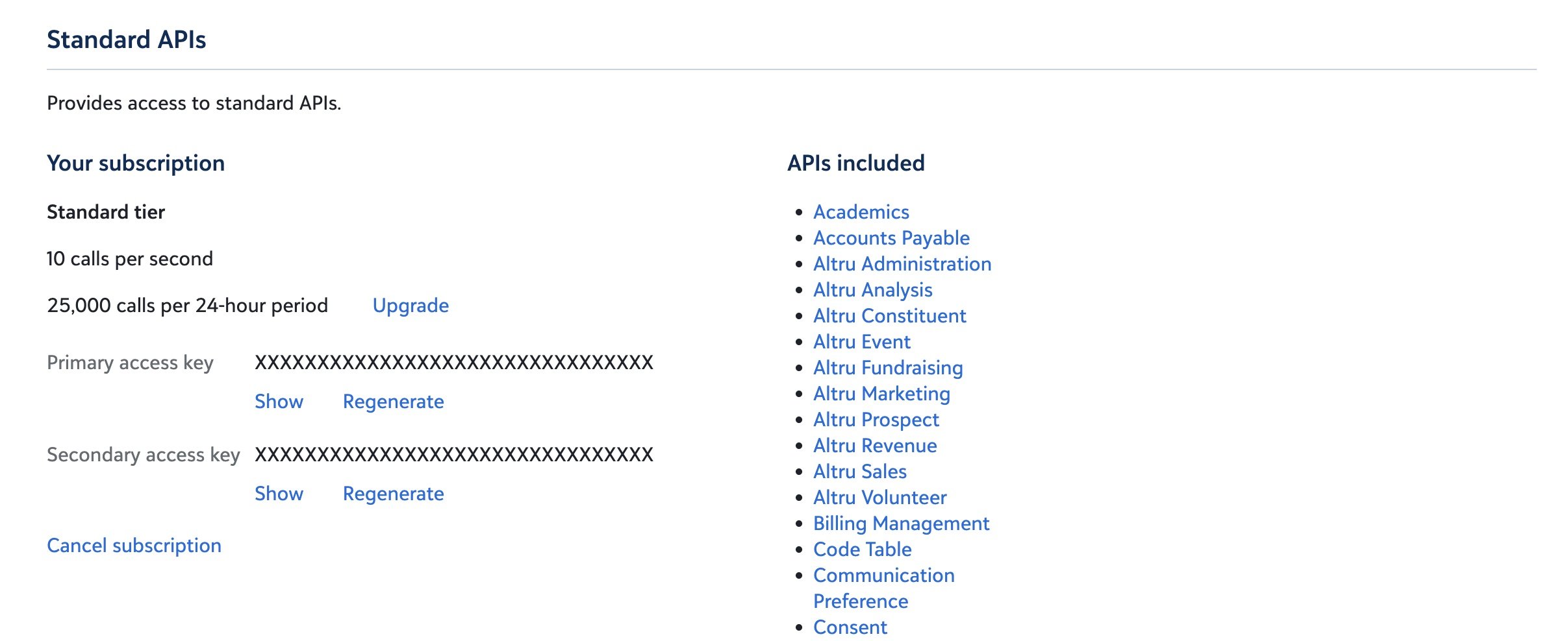 Blackbaud My subscriptions page showing Standard APIs primary and secondary access keys